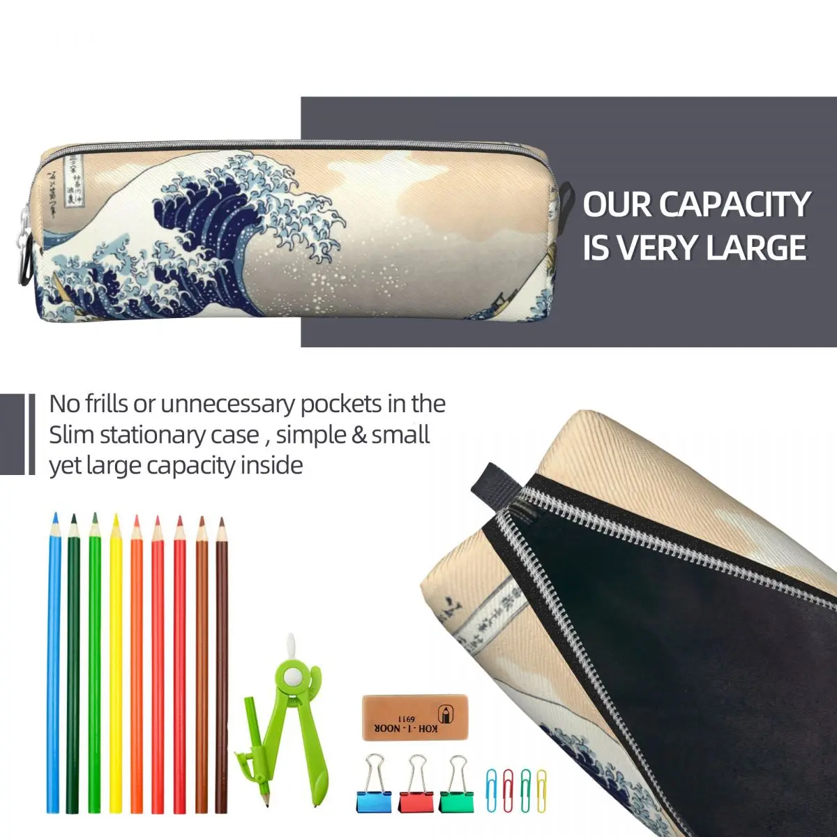Vintage The Great Wave Off Kanagawa Pencil Cases Mount Pencil Box Pen Holder for Student Bags School Supplies Zipper Stationery