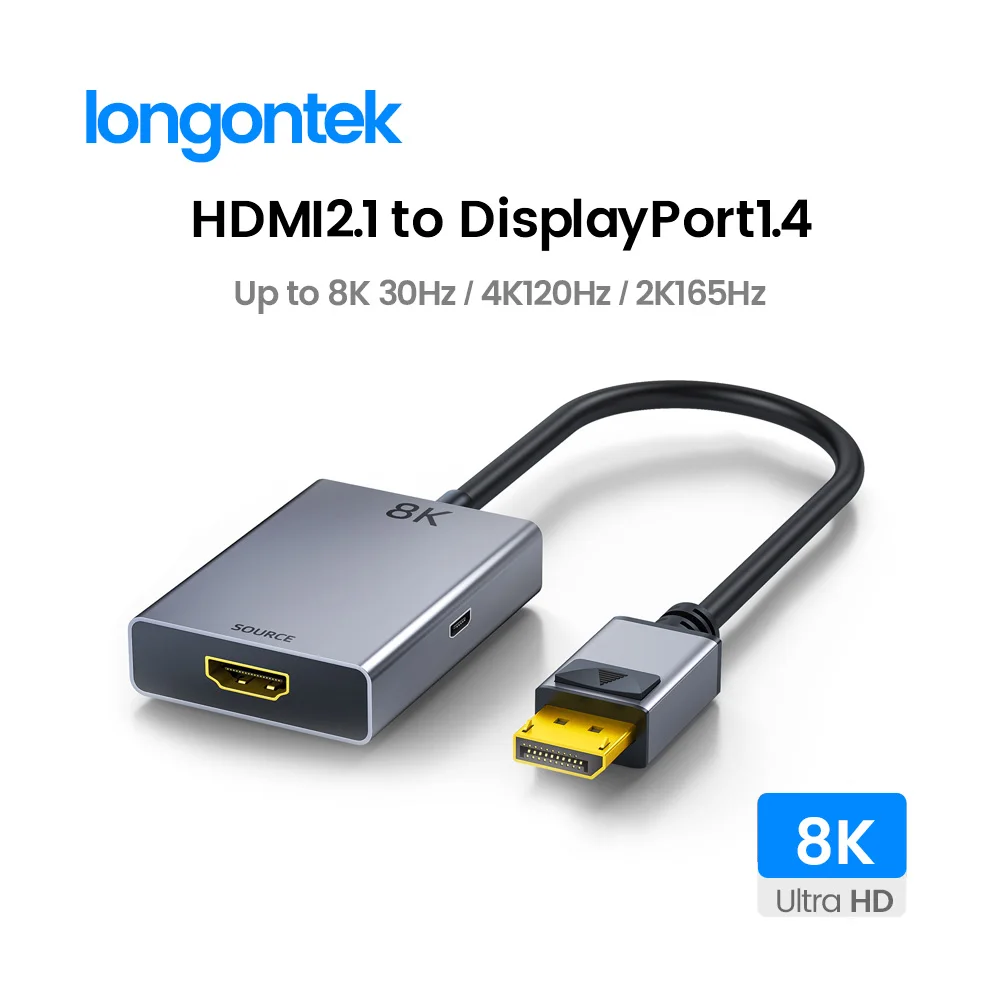 Longontek 8K HDMI2.1-디스플레이 포트 1.4 어댑터 케이블, HDMI-DP 케이블, HDR, PS5/4 XBOX 애플 TV LG 모니터용, 8K30, 4K120, 2K165