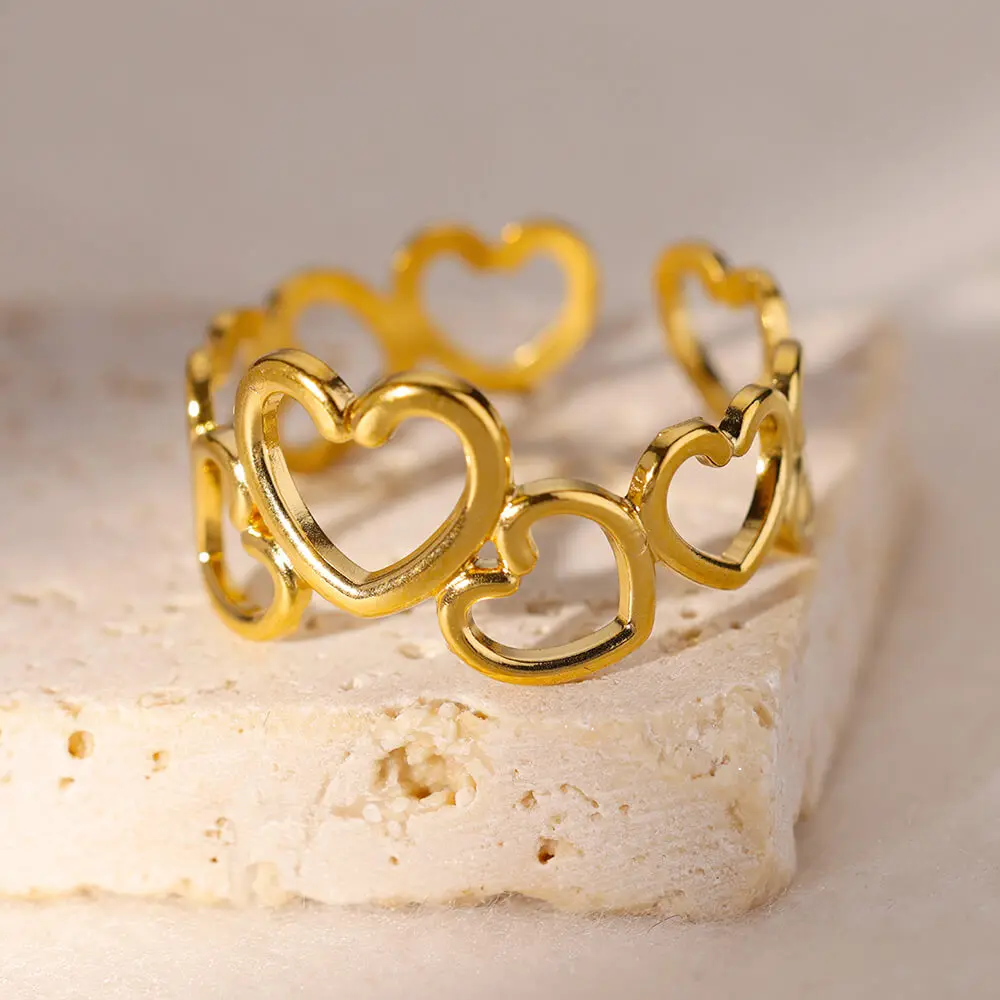 Hollow Heart Rings For Women Gold Color Stainless Steel