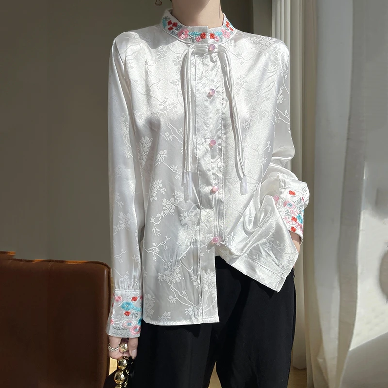 

RW F87 New Chinese Style Standing Neck Shirt Women's Acetate Satin Design With Embroidered Flower Shirt Button Jacquard Top