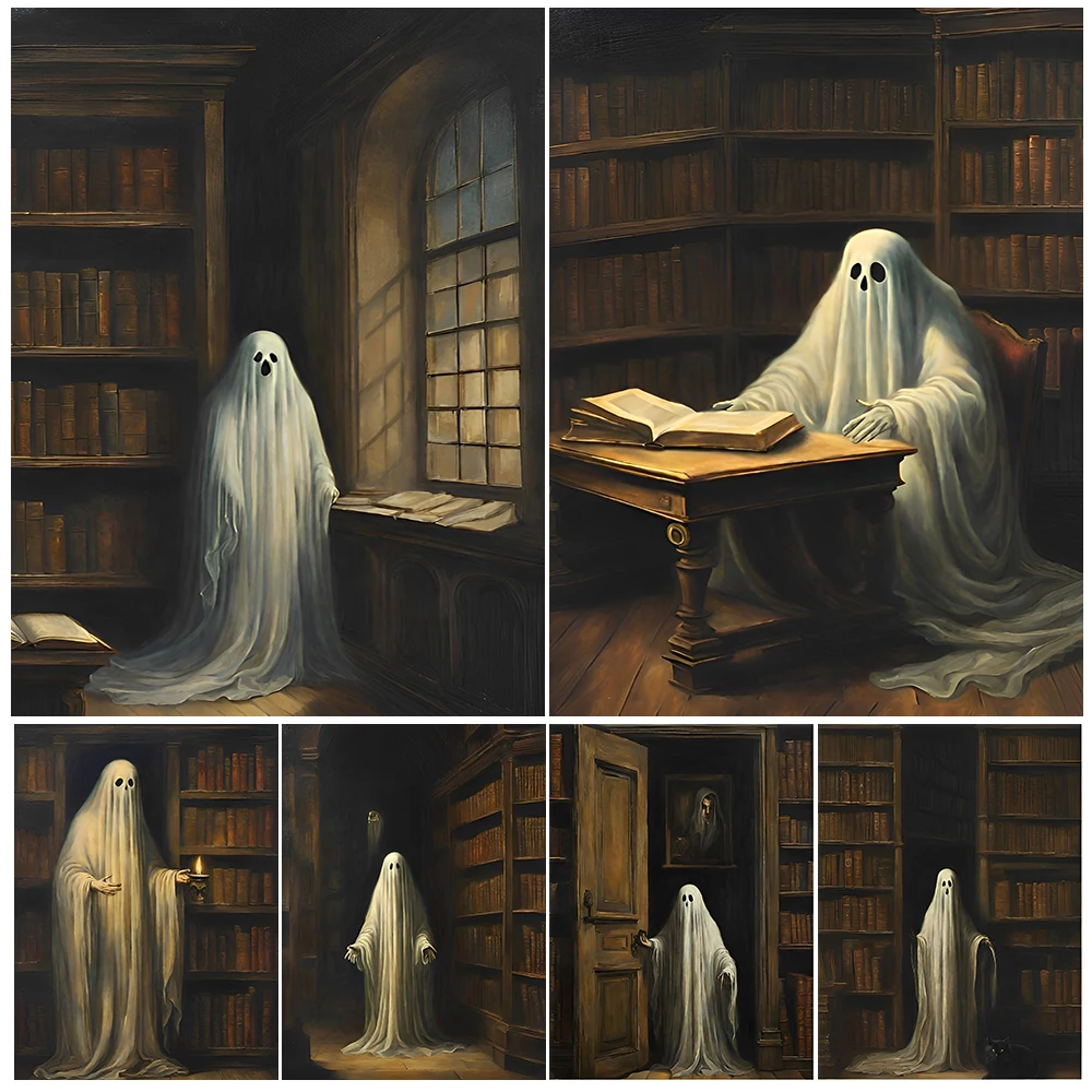 

Ghost Librarian Abstract Wall Art Canvas Painting Ghost In A Library Vintage Art Gallery Poster And Print Home Decor Unframed