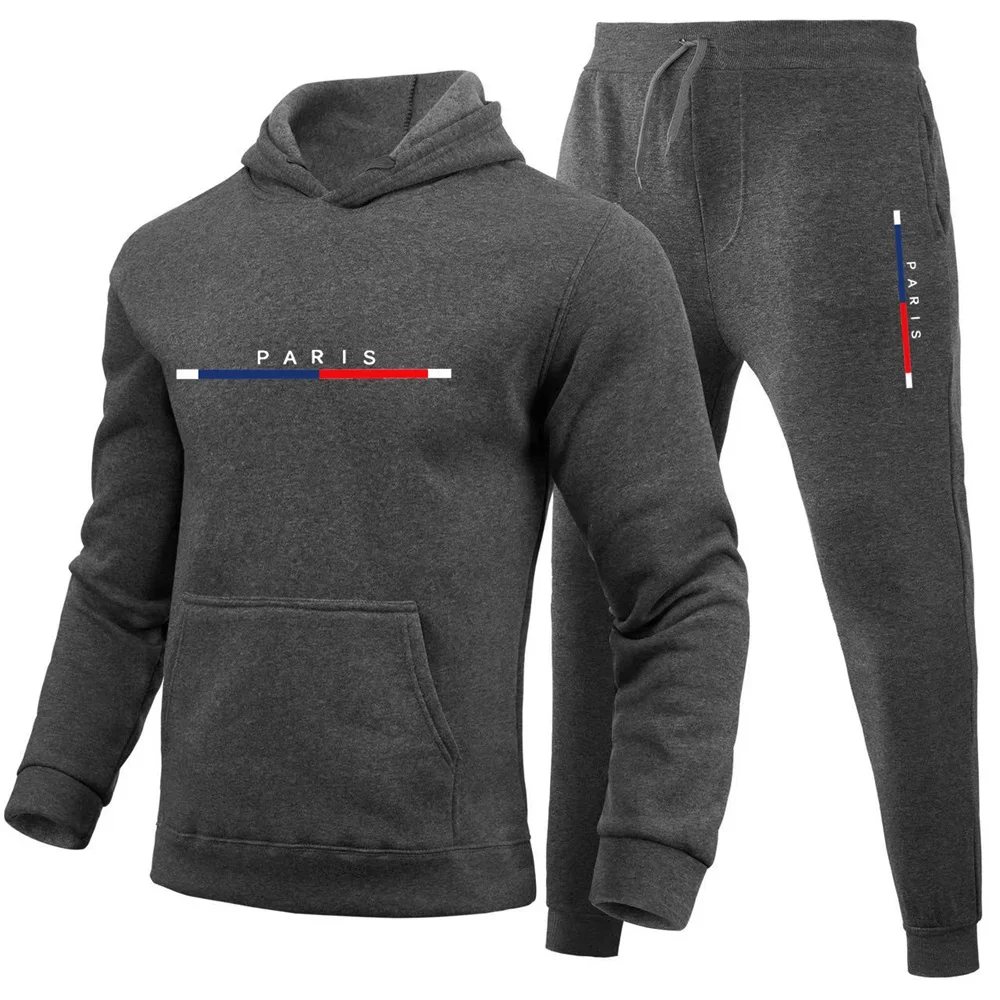 Survêtement Homme 2 Pièces Imprimé Paris - Sweat à Capuche + Pantalon Jogging - Style Streetwear Décontracté Sport