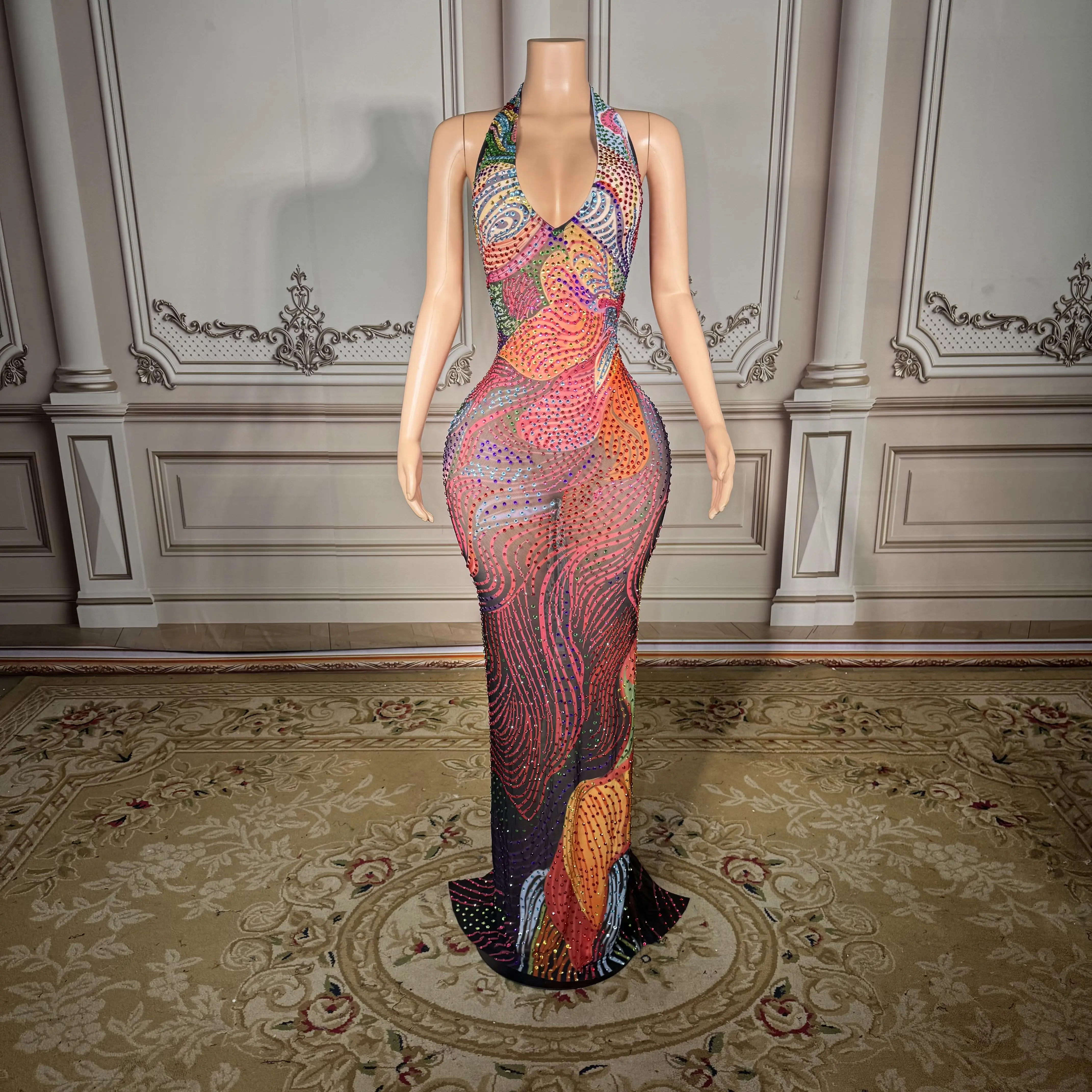 ZD ZD Plus Size Sexy Sheer Mesh Dress with Low Back & Colorful Rhinestones - Glamorous Nightclub & Party Gown for Women