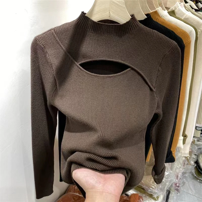 

Korean Fashion Pullover Sweaters For Woman Half Turtleneck Clothes Long Sleeve Bottoming Shirt Women Autumn Hollow Out Sweater