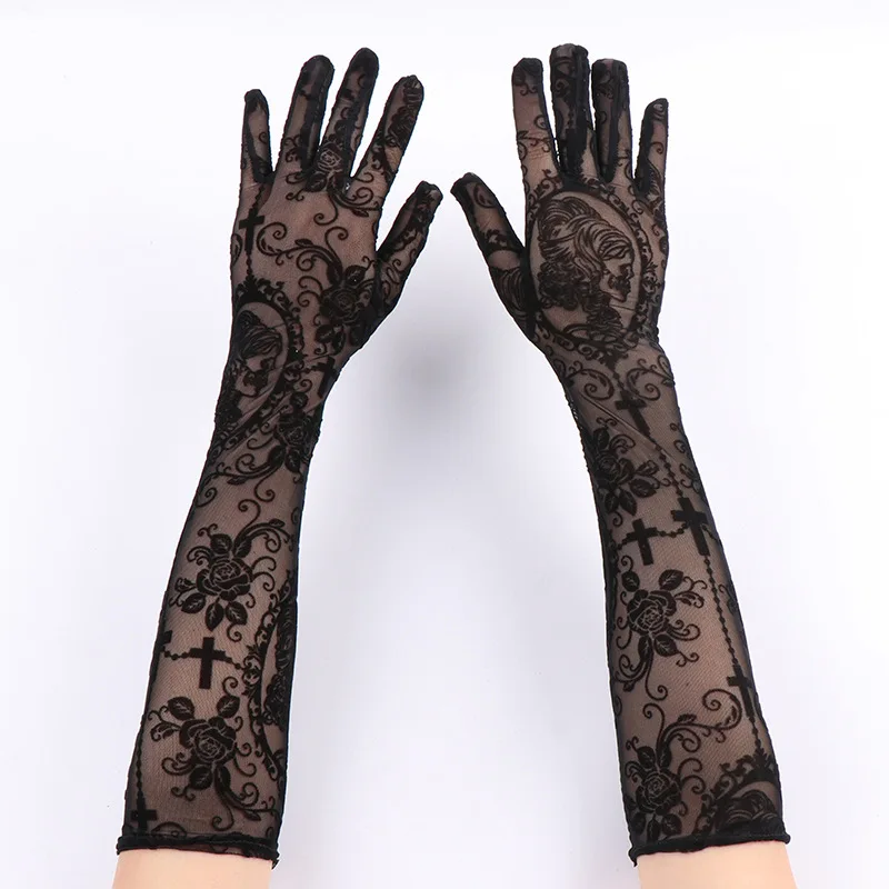 New Black Skeleton Flowers Printing Women Sexy Mesh Transparent Elasticity Long Gloves Performance Halloween Cosplay Accessories