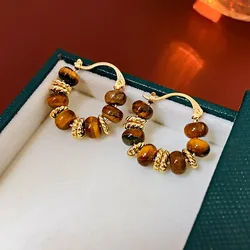 Round Tiger Eye Stone Earring for Women 2024 New Fashion Vintage Stud Earrings High-grade High Quality Gold Plating Jewelries