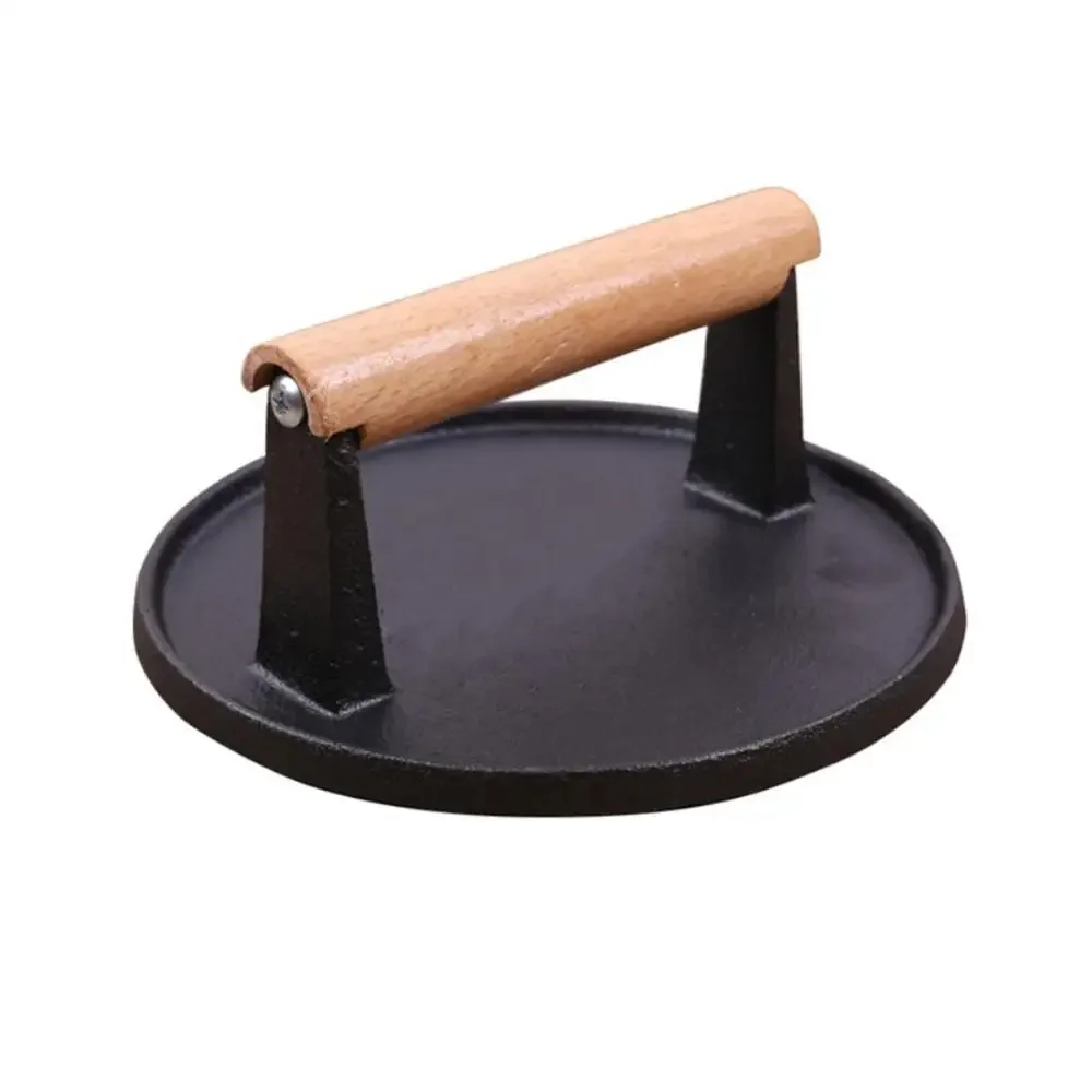 Cast Iron Meat Pressure Plate Teppanyaki for BBQ,Steak Press with Wooden Handle,Grill Fried Barbecue Household Outdoors