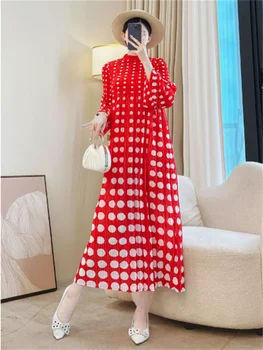Miyake Pleated Dot Printting Women's Dress Stand Collar Elastic Looose Folded Long Sleeve Famale Clothing Chic New 1
