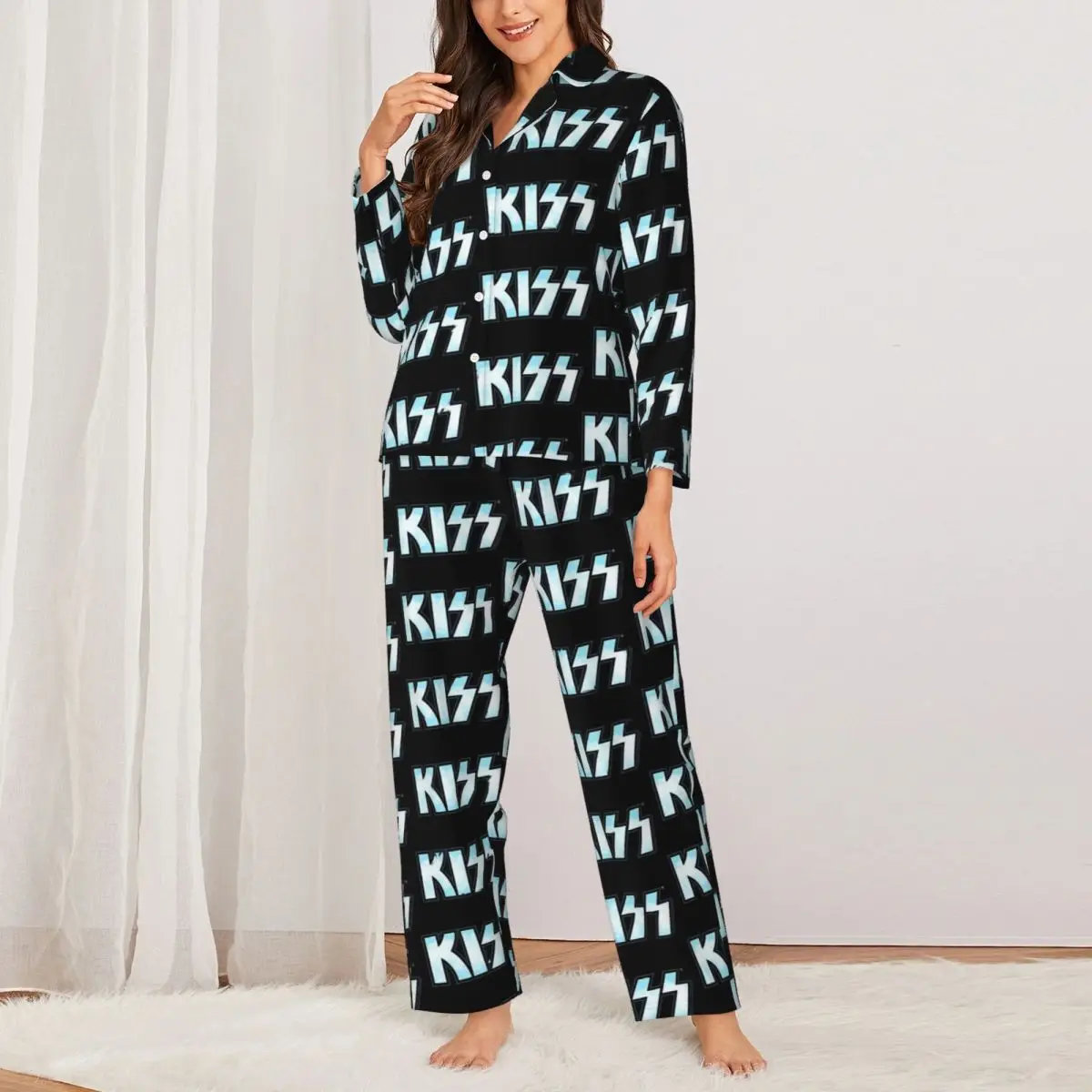 

Blue Kiss Band Logo Pajama Sets Rock Band Retro Sleepwear Woman Long Sleeve Vintage Daily 2 Piece Nightwear Large Size 2XL