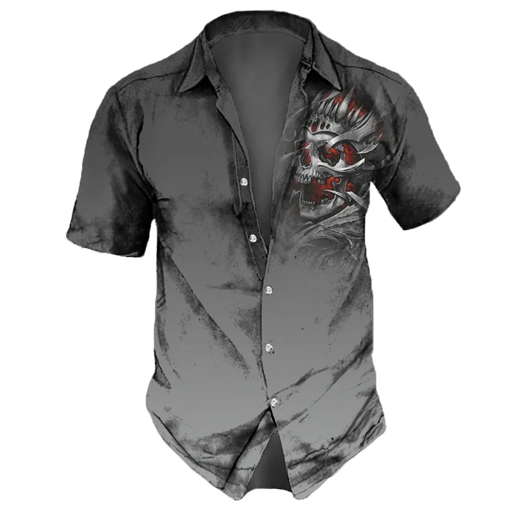 Short Sleeved Shirt Men Lapel Streetwear Vintage Skull Hip Hop Party Summer Casual Hawaiian