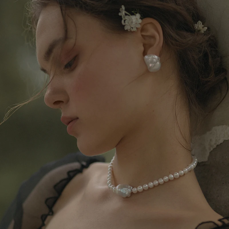 

French romantic Baroque Natural Pearl Necklace Earring Sets 925 sterling silver Hard Light 39cm clavicle chain adjustable NH