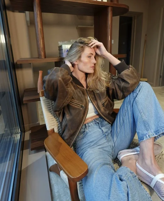 Women's leather jacket traf 2024 Y2K Vintage Do old zipper