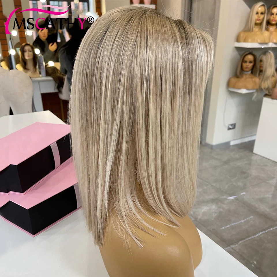13x4 Ash Blonde Highlight Lace Front Wig Short Straight Bob Brown Human Hair Wigs HD Transparent Lace Frontal Wigs Preplucked