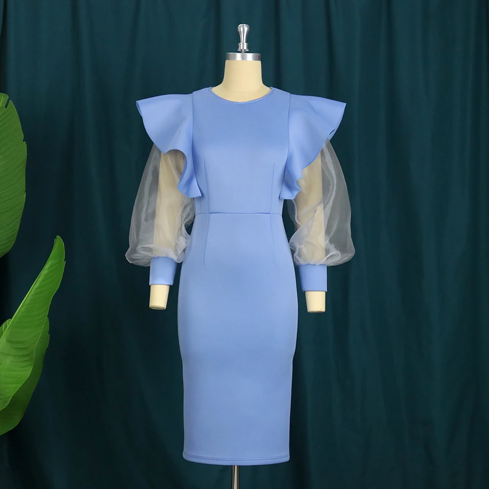 Elegant Blue Party Dresses O Neck Long Tulle Sleeve See