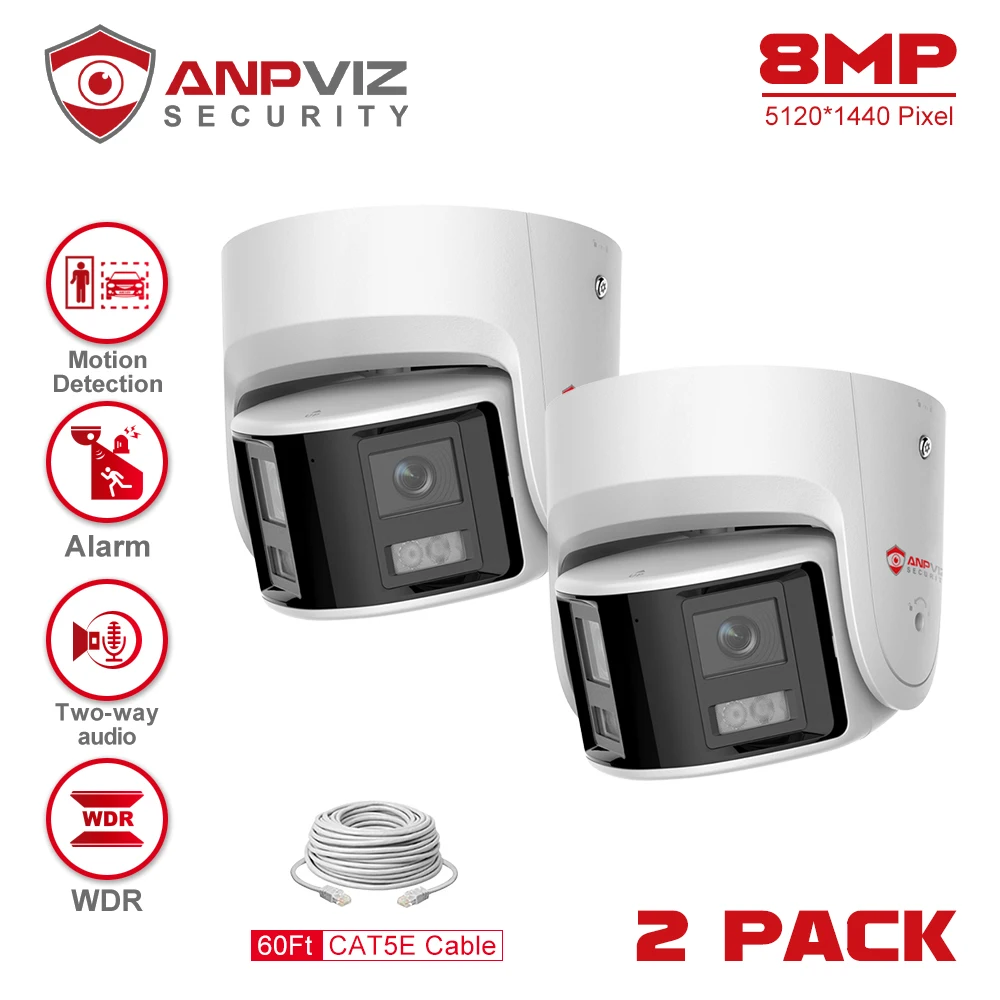 Anpviz 8MP Dual Lens POE Camera 2PCS Ultra Wide Angel 180° Panoramic Camera Real Time 2-Way Audio Human Vehicle Detection IP67