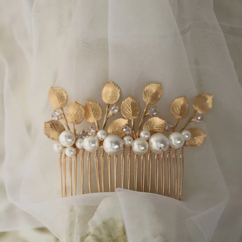 

SLBRIDAL Baroque Style Copper Alloy Leaf Zirconia Bridal Hair Comb Set Wedding Bridesmaids Women Prom Hair Jewelry Accessories