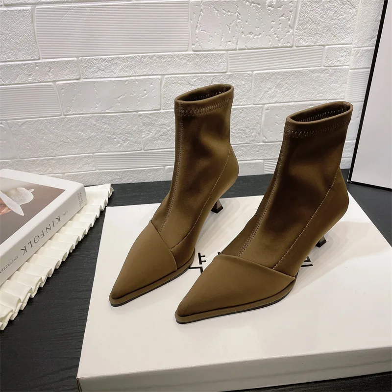 Women Boots High Heels Shoes  Luxury Designer Boots-Women Stiletto Ankle Pointy Fashion Stockings Rubber 2024 Ladies Lace-Up Rom