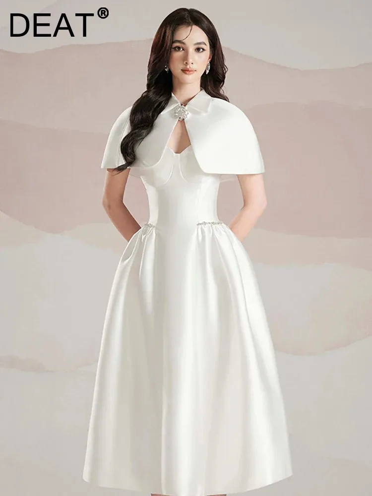 

[DEAT] 2 Pcs Set Shawl Dress Sleeveless Waist Retraction Slim Folds Chest Wrap Women's Dresses 2023 Autumn New Fashion 13DB3884