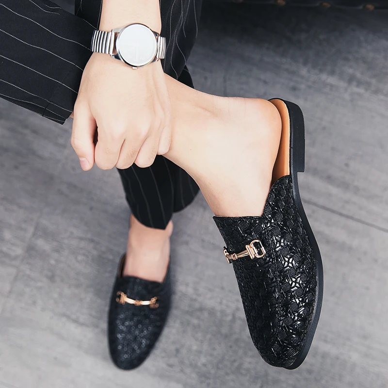 

Mens Shoes Italian Men Half Slipper Leather Loafers Moccasins Outdoor Non-slip Black Casual Slides Summer Fashion Shoes Business