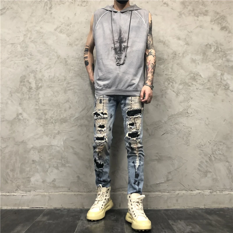 

Европейские и американские уличные трендовые брюки из денима, облегающие эластичные мужские потертые брюки