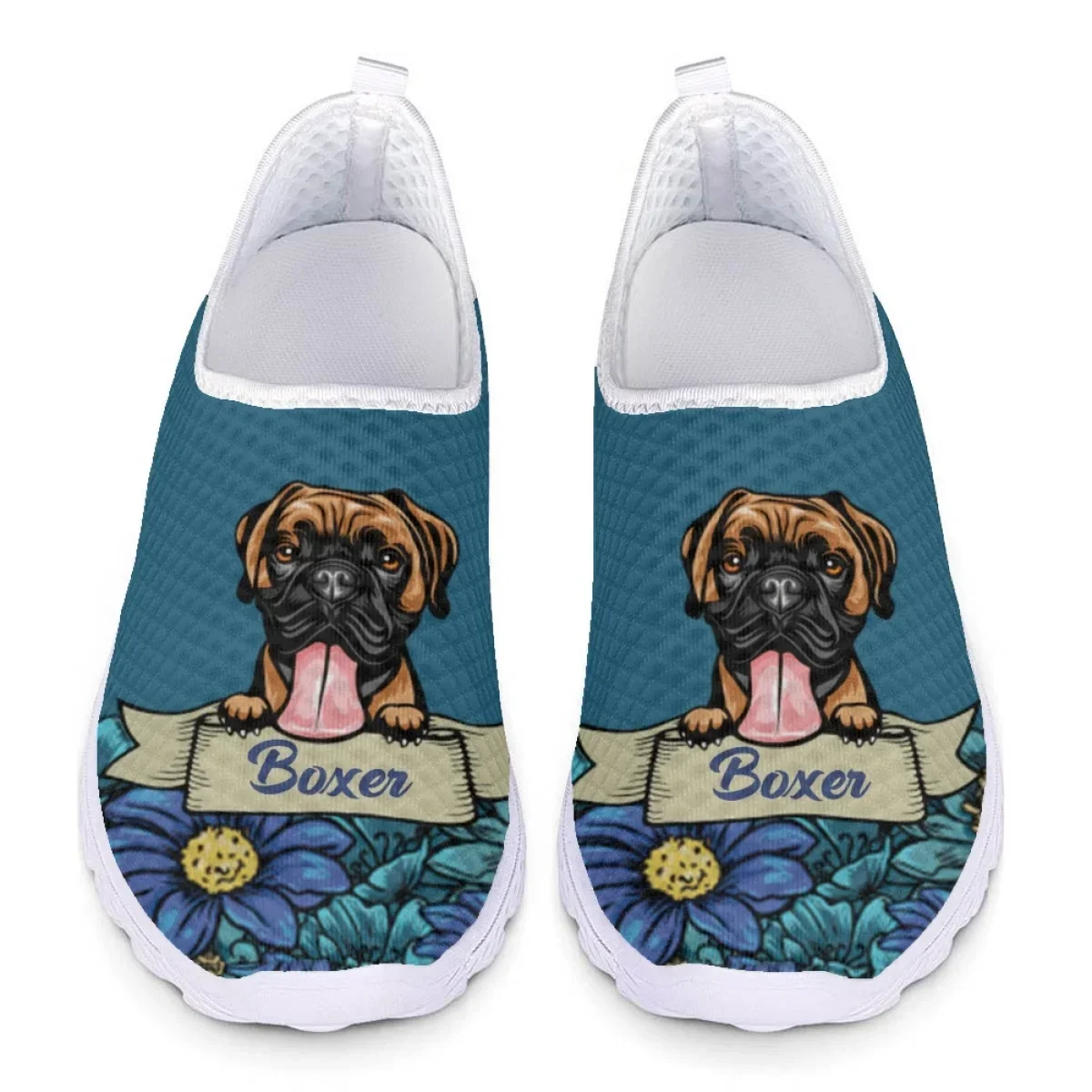 Lovely Boxer Dog Print Slip-on Mesh Shoes Custom Personalized Flats For Dog Lovers Floral Light Loafers For Mom Gift