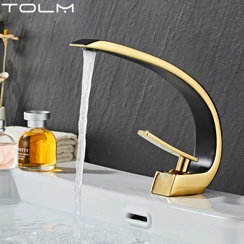ก๊อกน้ำอ่างล้างหน้าแบบติดตั้งบนเคาน์เตอร์ TOLM สีดำ ทอง ขาว ทองเหลือง ดีไซน์ศิลปะ สำหรับอ่างล้างหน้าแบบวางบนเคาน์เตอร์ ก๊อกน้ำแบบก้านโยกเดี่ยว น้ำร้อนน้ำเย็น 1