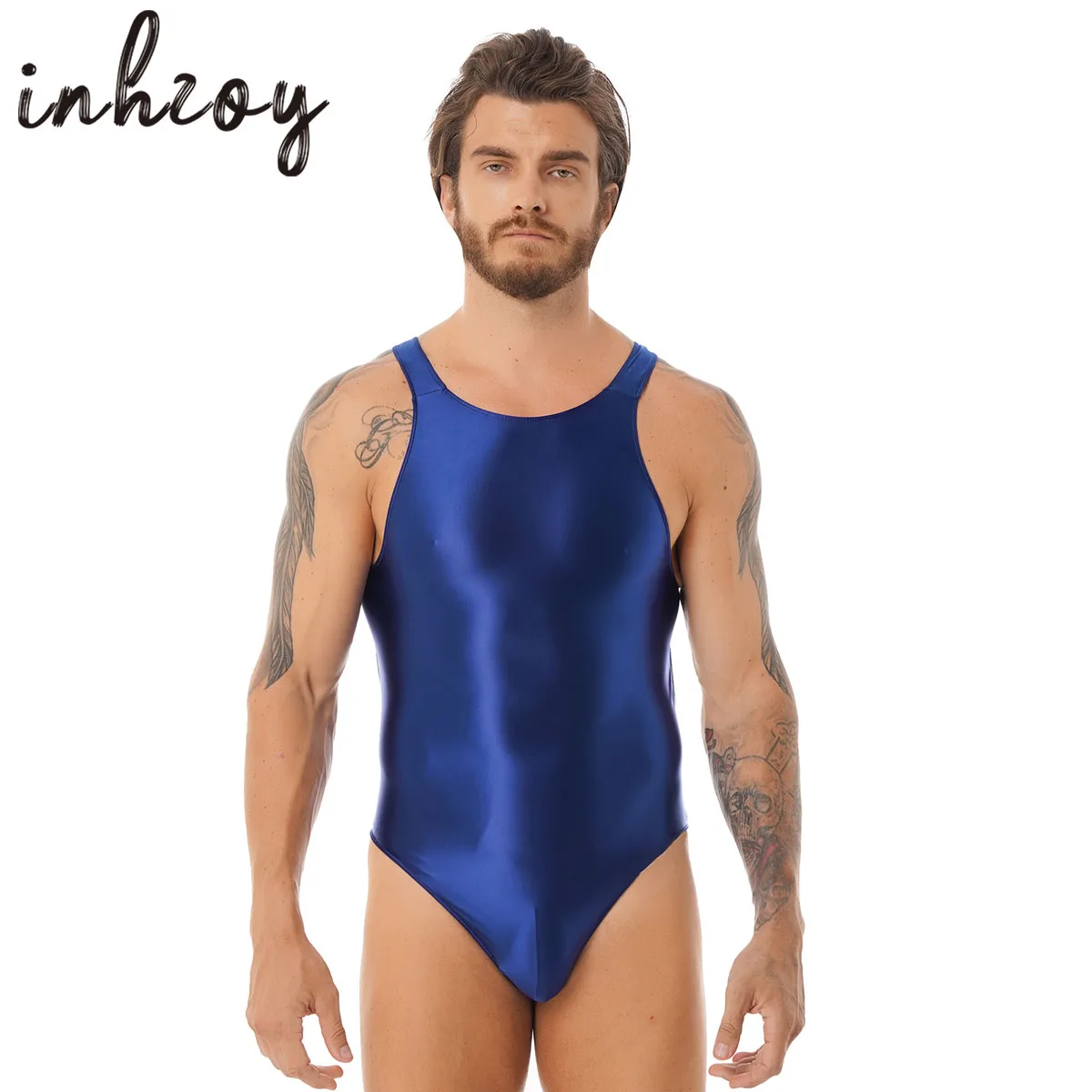 Mens Glossy Bodysuit Sexy Sleeveless Backless One-piece Swimwear Workout Fitness Gymnastics Leotard Swimsuit Clubwear womens glossy stretchy bodysuit swimsuit one piece solid color sleeveless leotard skinny jumpsuit swimwear fitness sportswear