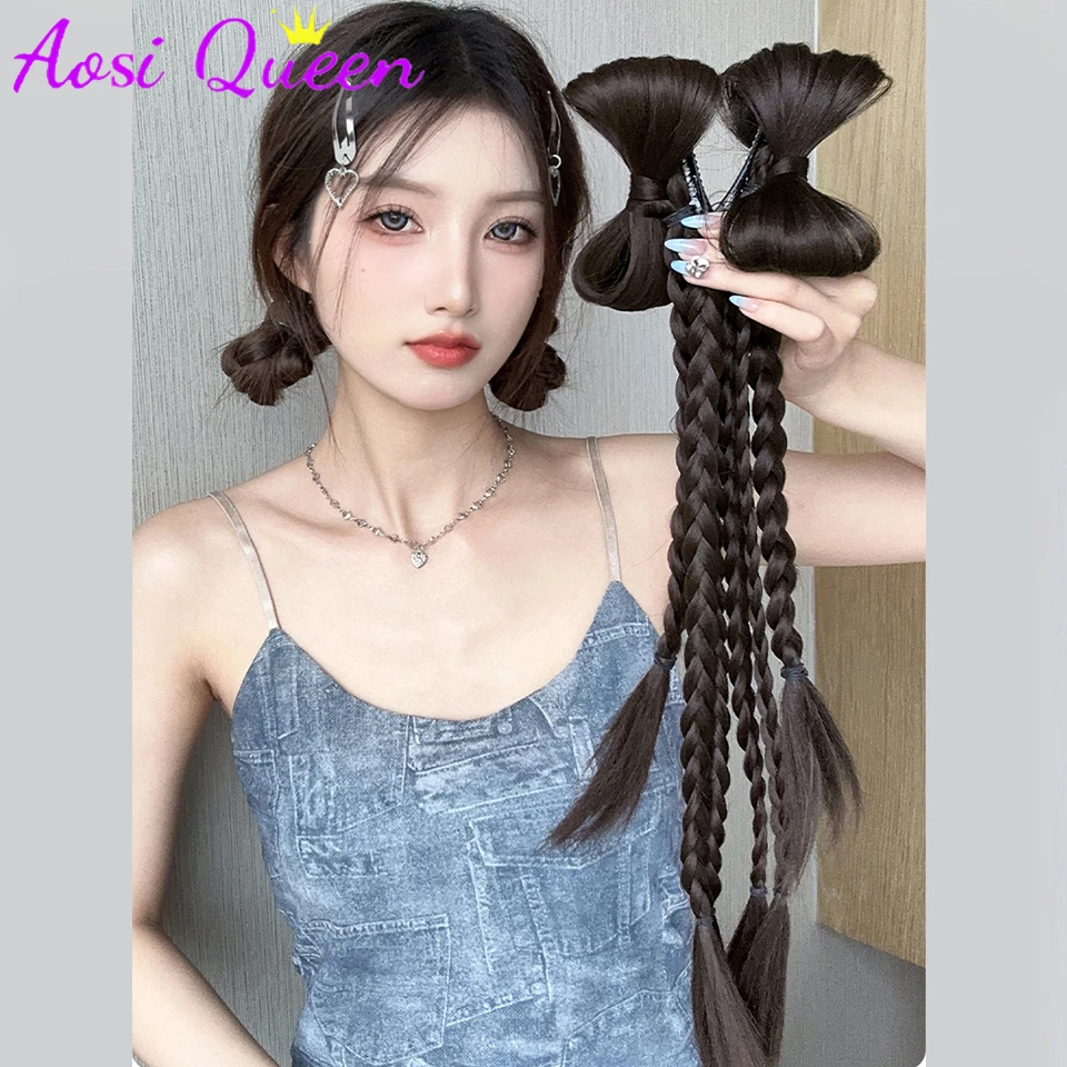 AOSI Wig Ponytail Female New Chinese Style Millennium Hot Girl Bow Y2K Twist Double Ponytail Boxing Braid Wig