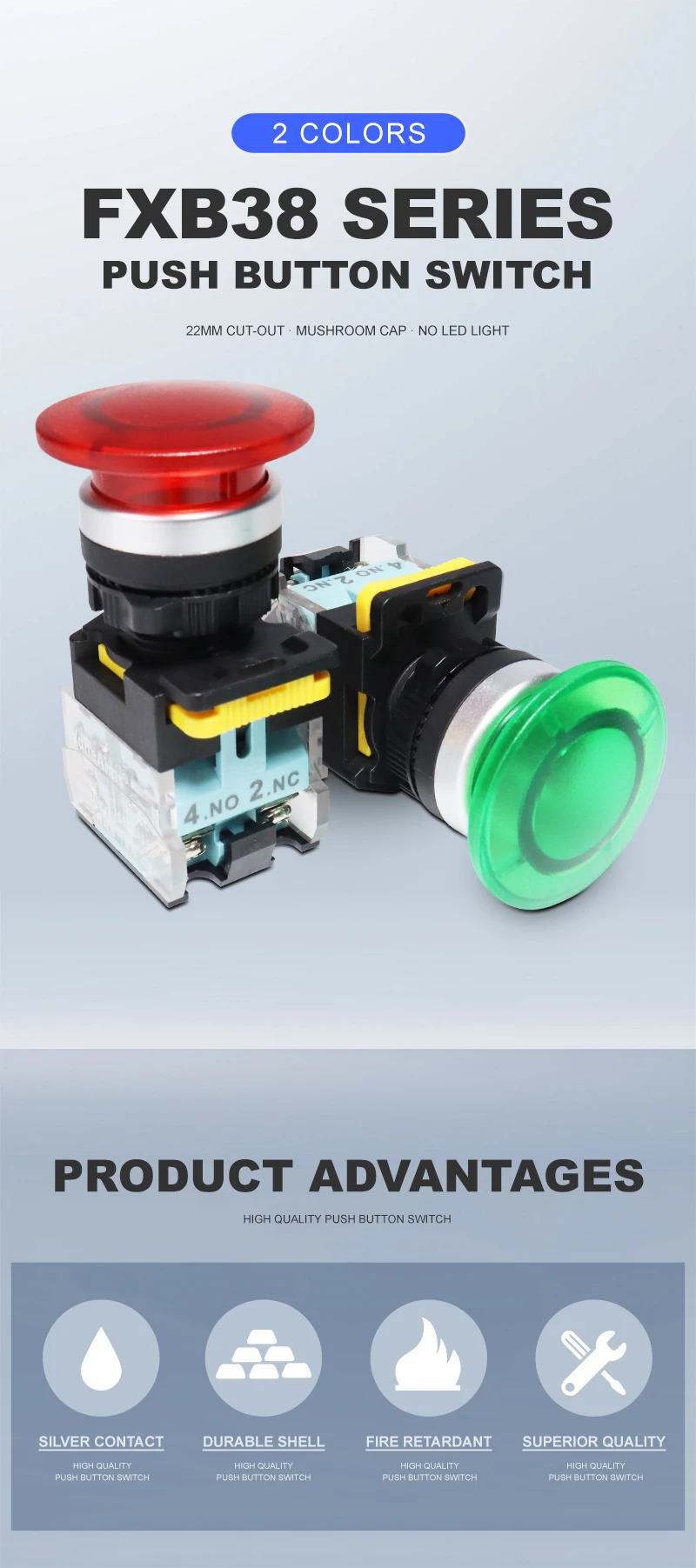Description Picture 2 of itemBig Red Green Mushroom Push Button Switch Vaneaims 22MM FXB38 10A 1NO1NC Latching Momentary Starter Stop Enter Buttons Switches