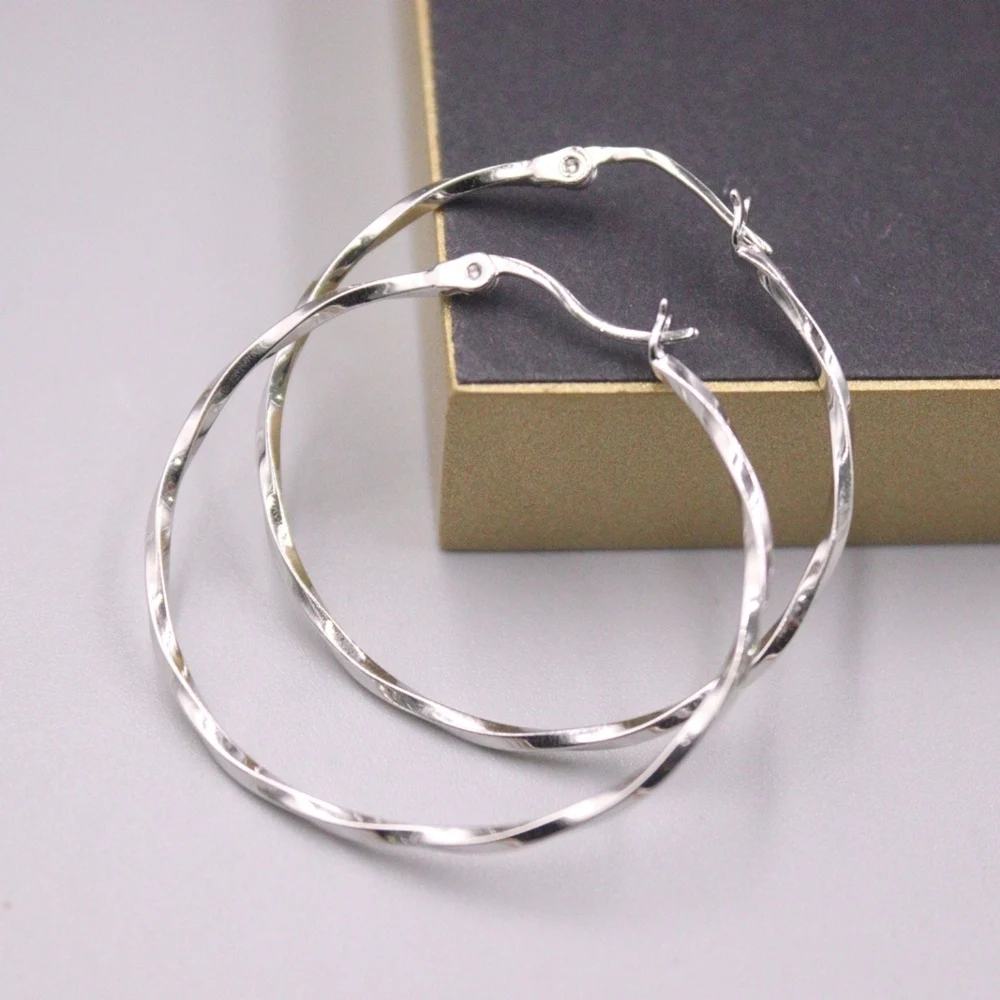 

Real Solid 925 Sterling Silver Hoop Women Lucky Glossy Twist Circle Stud Earrings 35mm