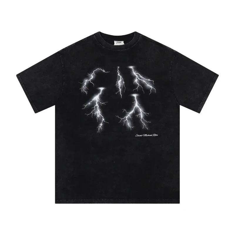 

GYM American High Street Saint Michael T-Shirts Fervor Lightning Print Wash Black Short Sleeve Men Women Casual Loose Top Tee
