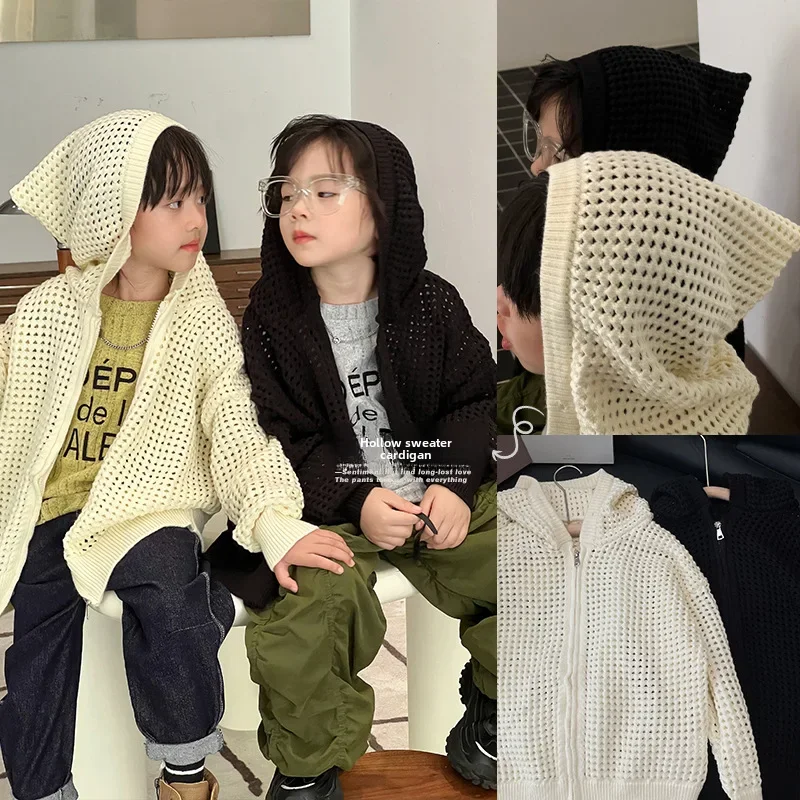 어린이용 중공 니트 가디건, 용수철 한국 스타일, 패셔너블 미디엄 아동용 후드 지퍼 셔츠, 남아 컬러 메쉬 재킷
