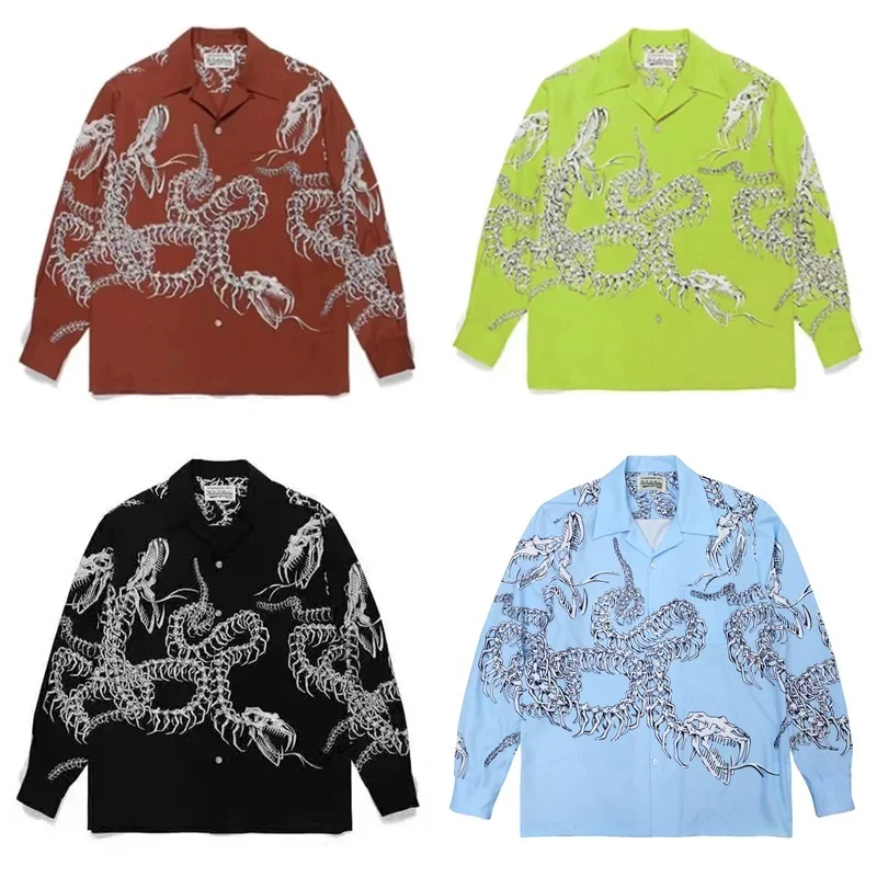 

Autumn WACKO MARIA Shirt Digital Print Dragon Bone Coil Snake Full Print Hawaii Men's and Women's Casual Long Sleeve Shirt