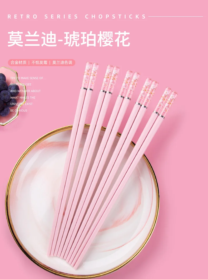 Description Picture 2 of item1 Pair of Household Kitchen Chopsticks Chinese Style Alloy Chopsticks Pink Cherry Blossom Chopsticks Hot Pot Kitchen Utensils