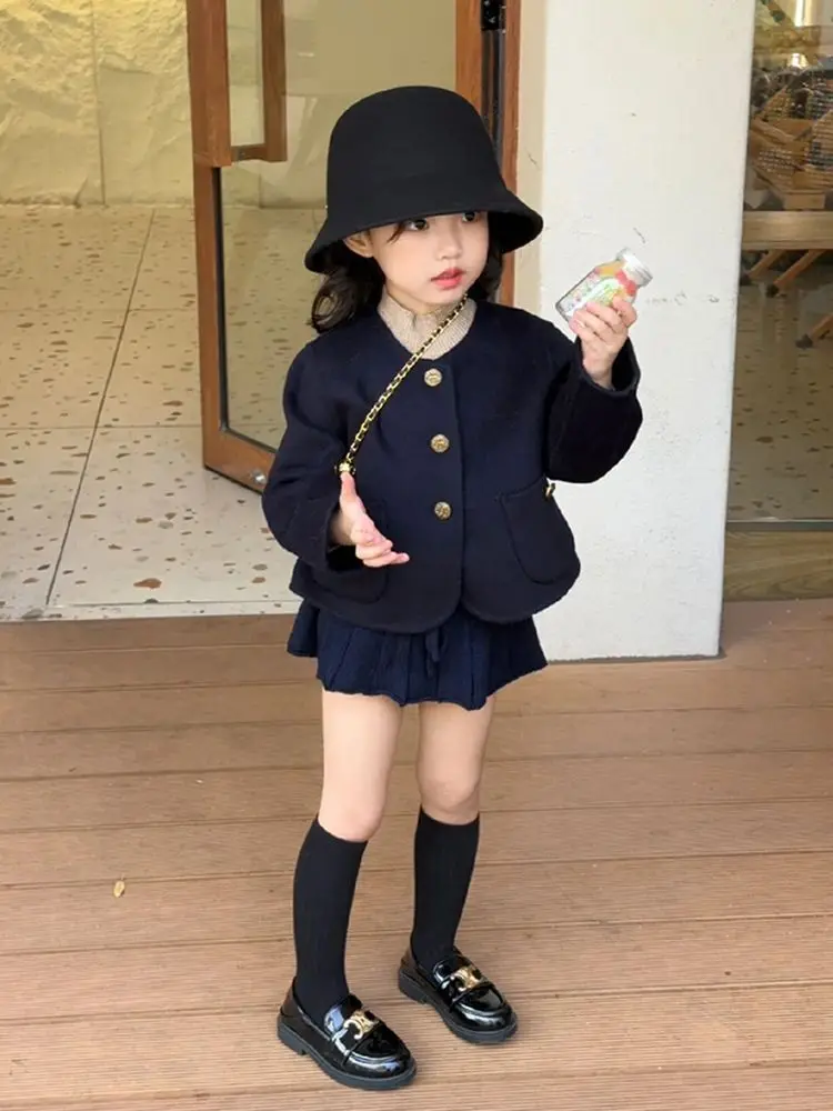 

Girl Dress Suit 2023 New Autumn Winter Korean Fashion Style Sets Baby Girl Long Sleeve Coats Solid Pleated Skirt Two Piece Suit
