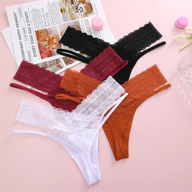 FINETOO 3Pcs Floral Lace Thongs Patchwork Striped Underwear for Women Sexy Double Layer Belt G-string Soild Breathable Lingerie 2