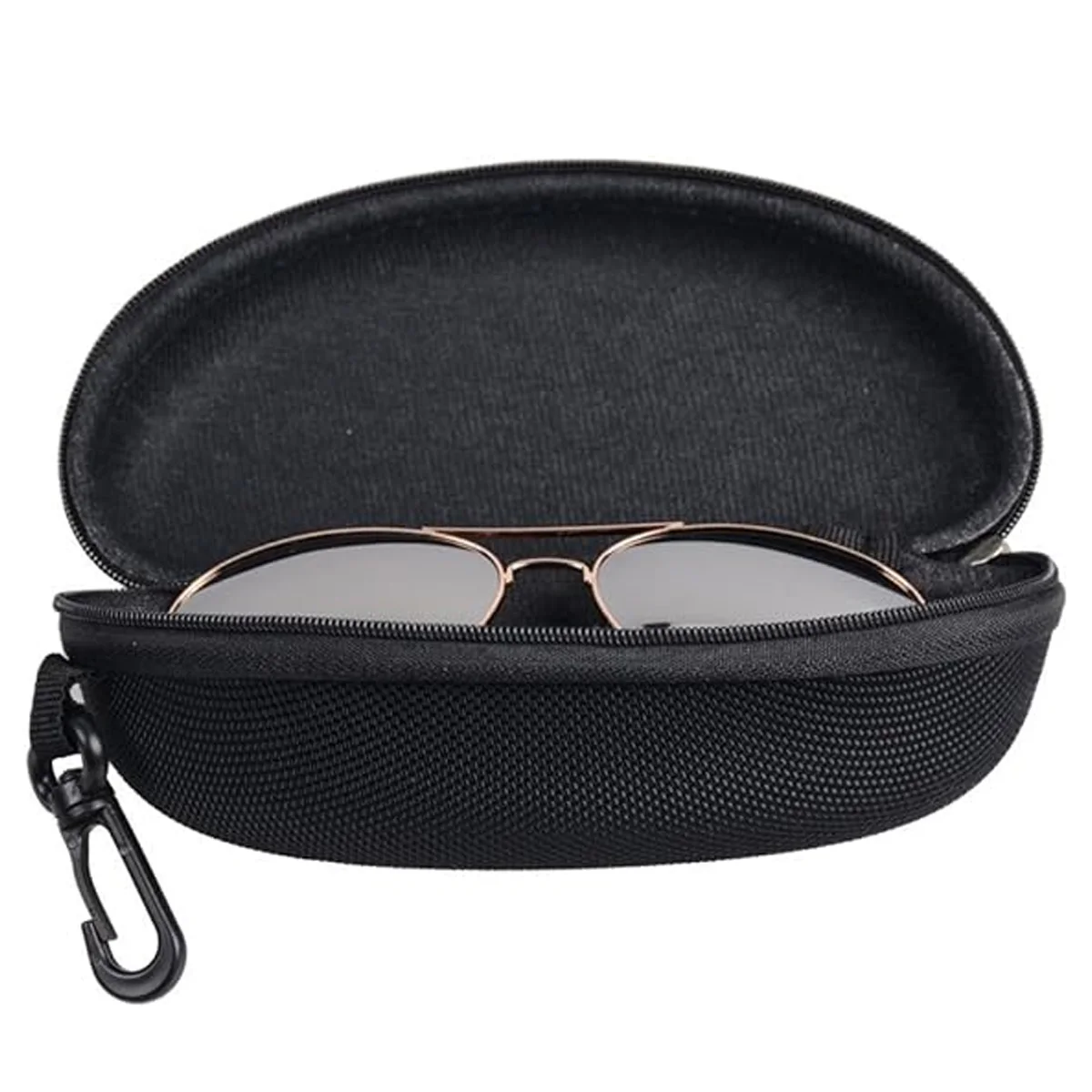 Sleek Black Hard Shell Polyester Glasses Case with Zipper and Hook – Unisex Fashion Accessory