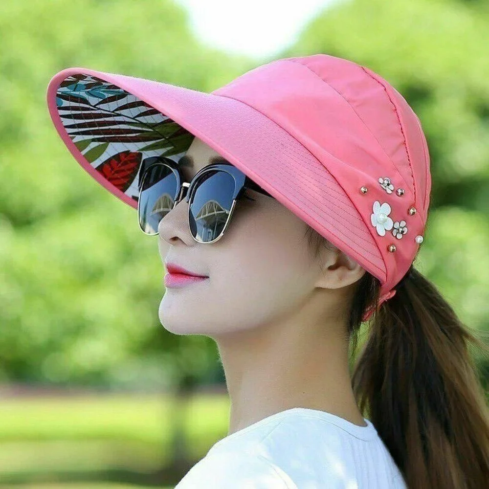 Casual Women Summer Wide Brim Sun Visor Hat Adjustable UV Protection Foldable Sport Empty Top Cap Beach Cap Fast Dry Cap