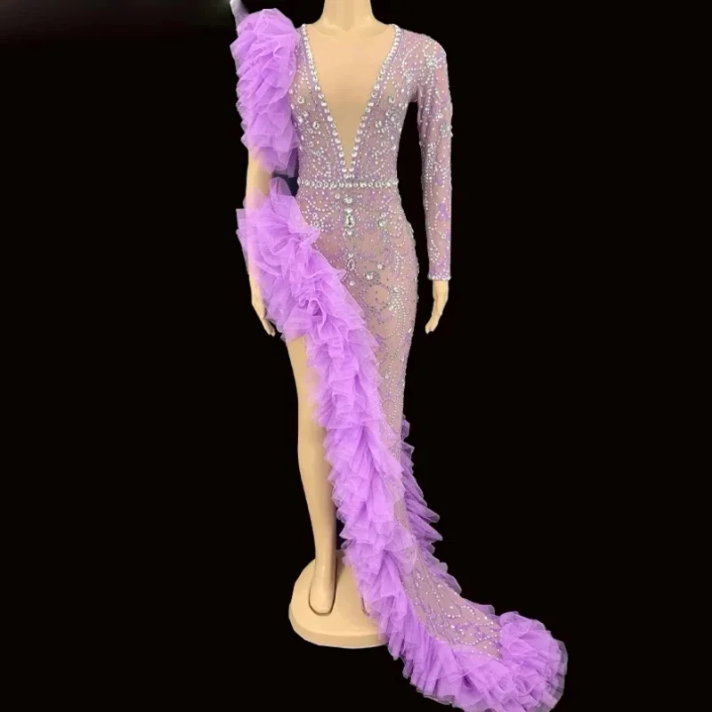 

Rhinestone Purple Mesh Transparent Long Dress Birthday Celebrate One Sleeve Outfit Evening Women Dancer Party Dress