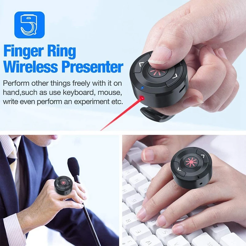 2.4Ghz Rechargeable Wireless Presenter Finger Ring With Red Light USB Presentation Clicker For PC Powerpoint PPT