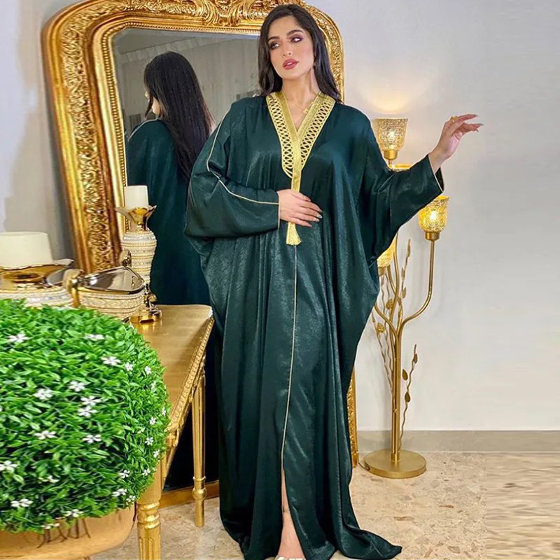 Kaftan Caftan Marocain Muslim Women Kimono Abaya Appliques V-Neck Lace Tape Batwing Sleeve Casual Loose Oversized Turkish Dress