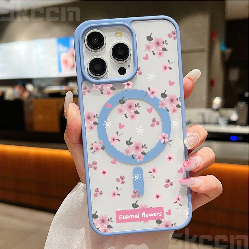 Pink Flower Transparent Shockproof Phone Case with Magnetic Wireless Charging Capability