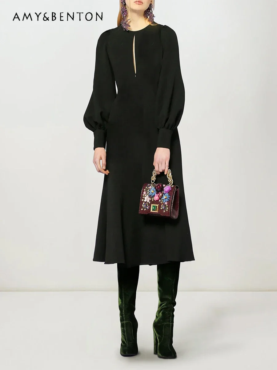 

Hepburn Style Black Dress Autumn Sexy Cutout Slim Fit Midi Dress Commuting Elegant Graceful Round Neck A-Line Dress for Women