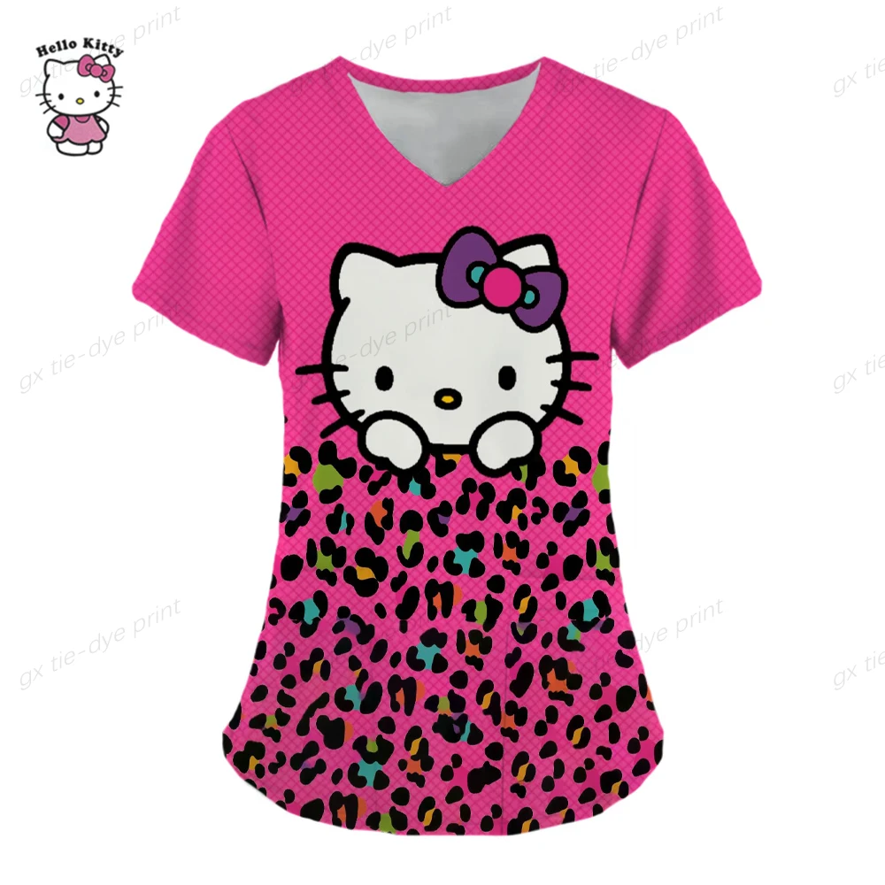 thumbnail image 1 of Uniforme de Hello Kitty para mujer, camisa de trabajo de enfermera con estampado de dibujos animados de Hello Kitty, bata con bolsillo, uniforme de enfermería para Navidad, 1 of 5