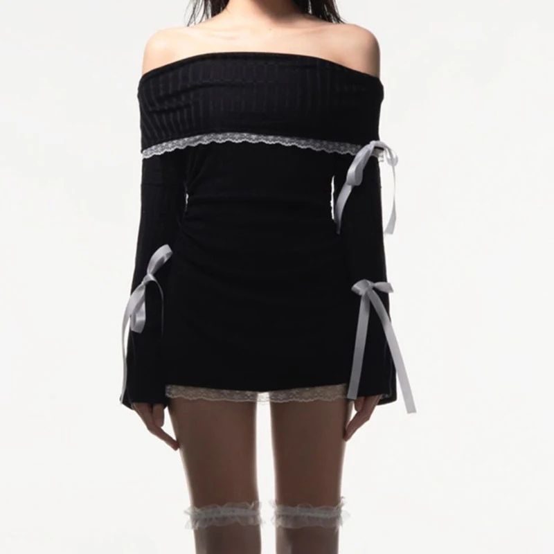 Vestido Fairycore Y2K para mujer, con encaje, hombros descubiertos, manga larga, ajustado, con lazo, para salir y fiestas.