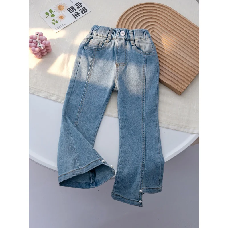 

Children's Clothing Girls' Spring and Autumn New Jeans Western Style Pearl Flared Pants Baby Western Style Versatile Casual Pant