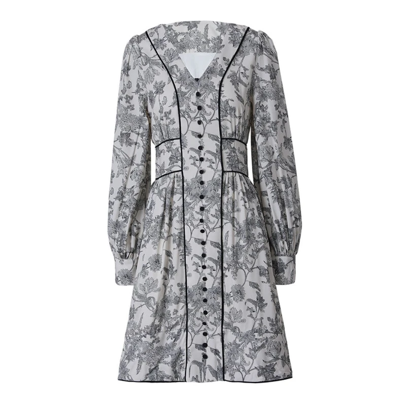 

Fashion Retro Ink Printing Dress Spring and Summer New Temperament Elegant V-neck Waist Lantern Sleeves In The Long Skirt Female