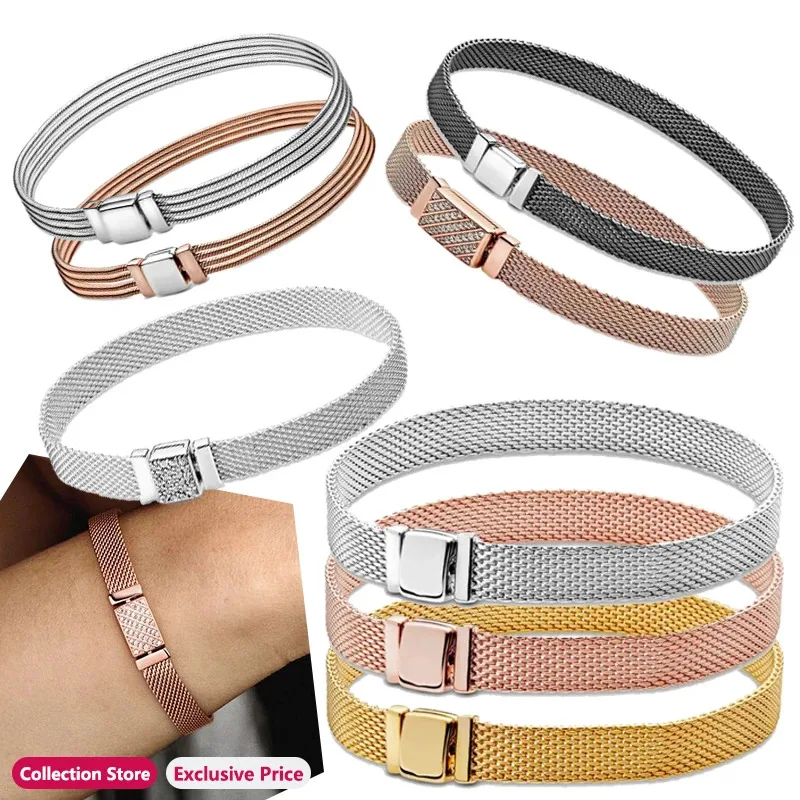 Authentic S925 Silver Reflective Series Woven Mesh Original Women's Logo Multi Circle Watch Bracelet Wedding DIY Charm Jewelry original diffuse reflective fiber pr15y10 prs15y10 pr15y10 round rod 1 5 optical fiber amplifier sensor