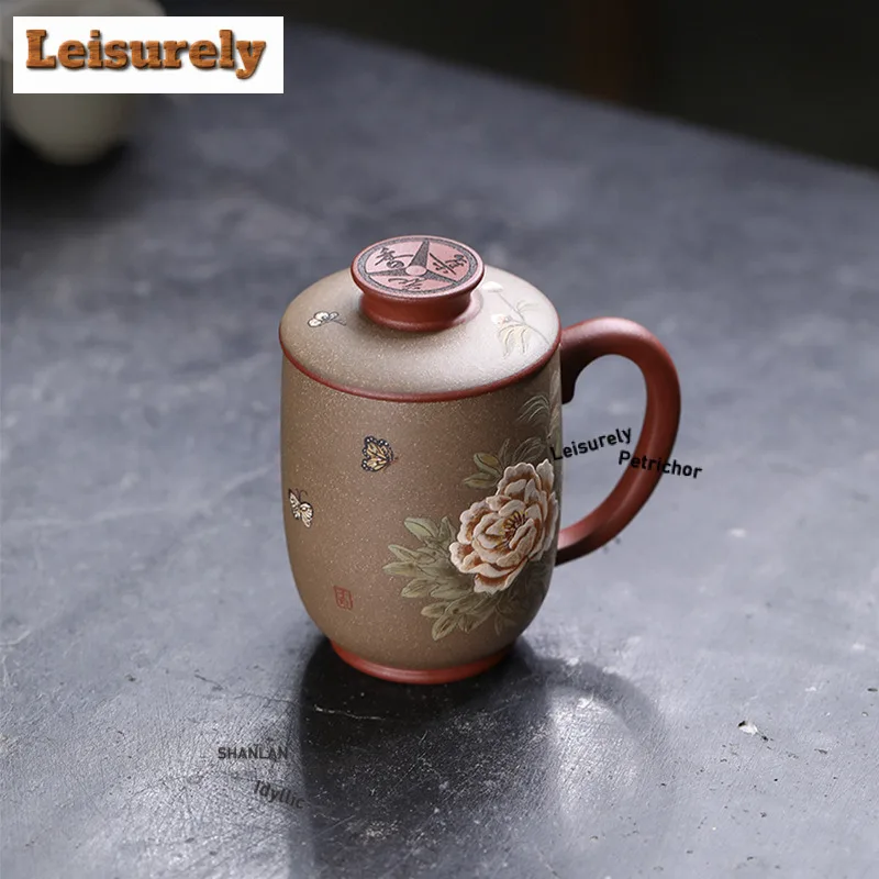 200ml Yixing Handmade Purple Clay Peony Coffee Mug Couple Handgrip Cups Afternoon Tea Mug Office Water Cup Tea Services Gift