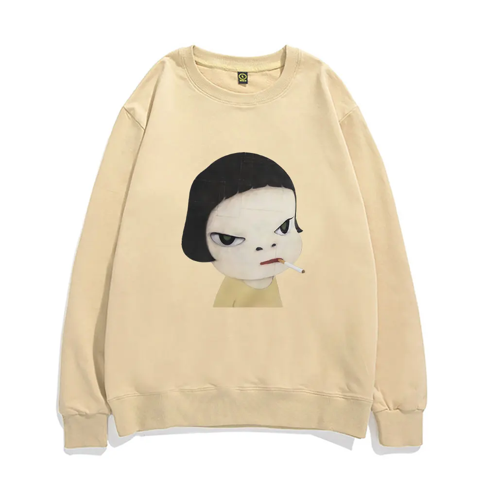 Funny Yoshitomo Nara Too Young To Die Smoking Girl Sweatshirt Men's Casual Oversized Pullover Unisex Art Aesthetic Sweatshirts